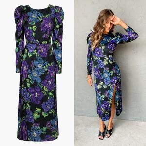 Adelyn Rae Erin Lace Up Back Slit Long Sleeve Midi Dress Midnight Floral XS NWT